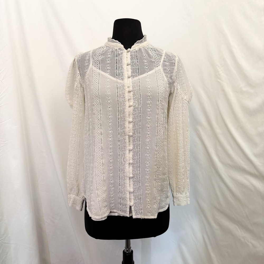 Anthropologie White Ruffle Blouse Sheer Eyelet Cottagecore Top XS